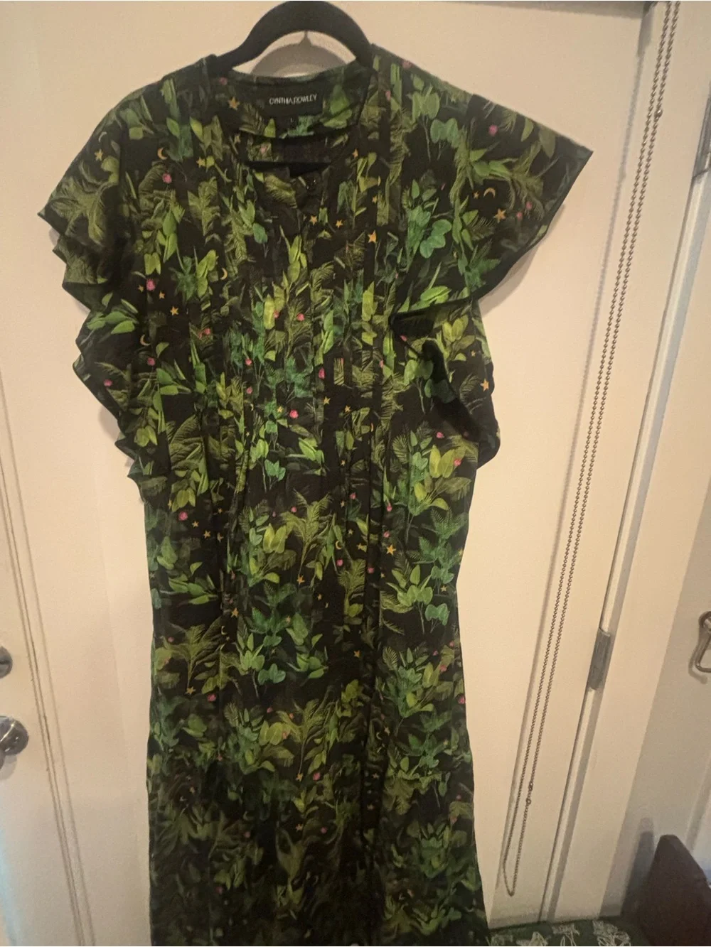 Cynthia Rowley Black Maxi Dress with Green Botanical Print and Pink Accents